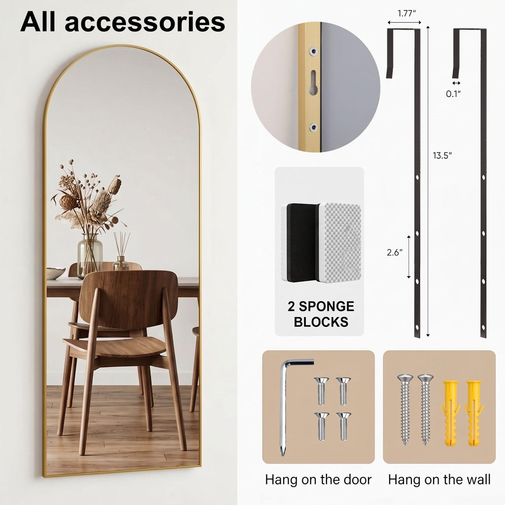 58"x20" Over The Door Mirror, Full Length Mirror with Stand, Gold