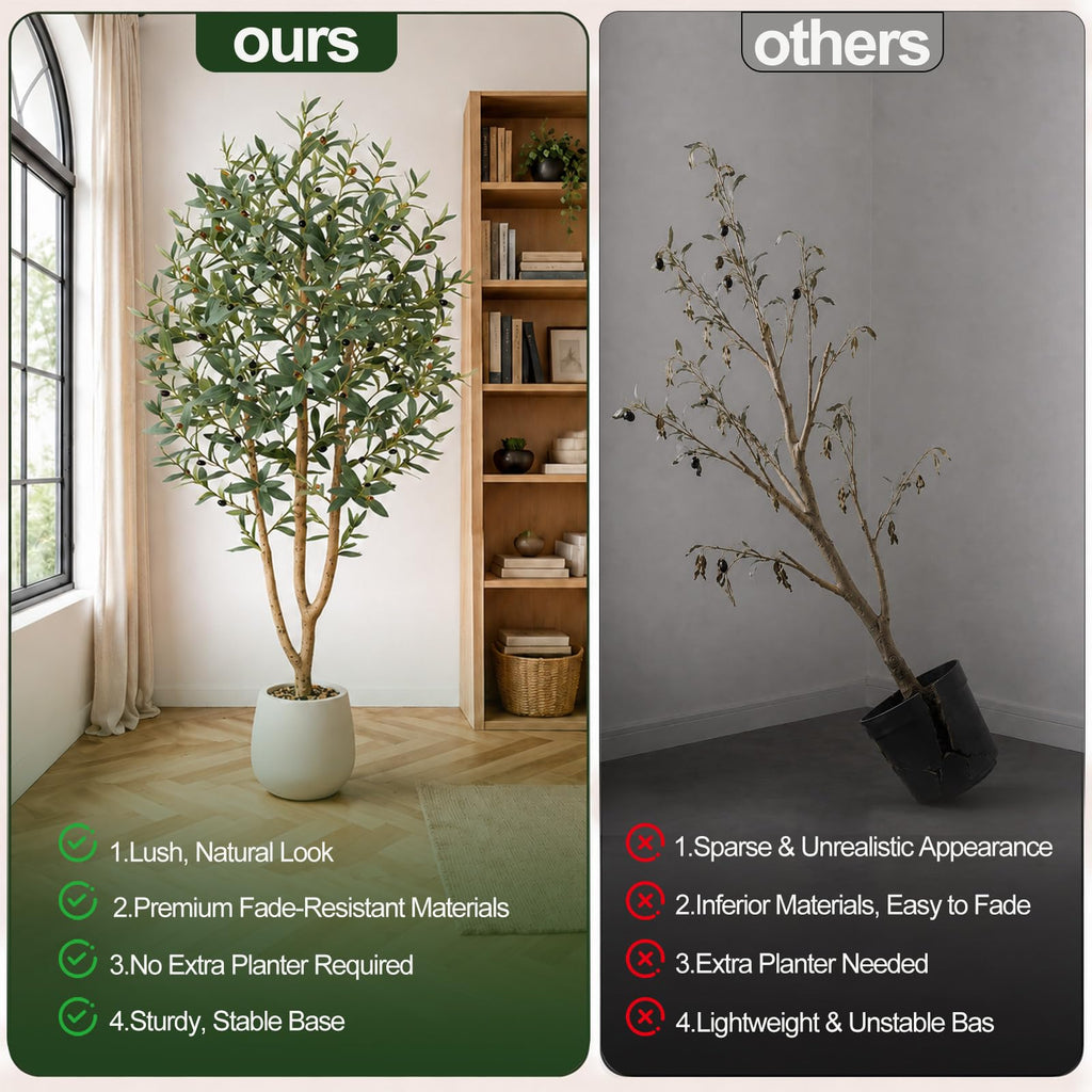7FT Olive Trees Artificial, Large Faux Olive Tree with White Tall Planter, Faux Tree Indoor with Lush Lifelike Fruits