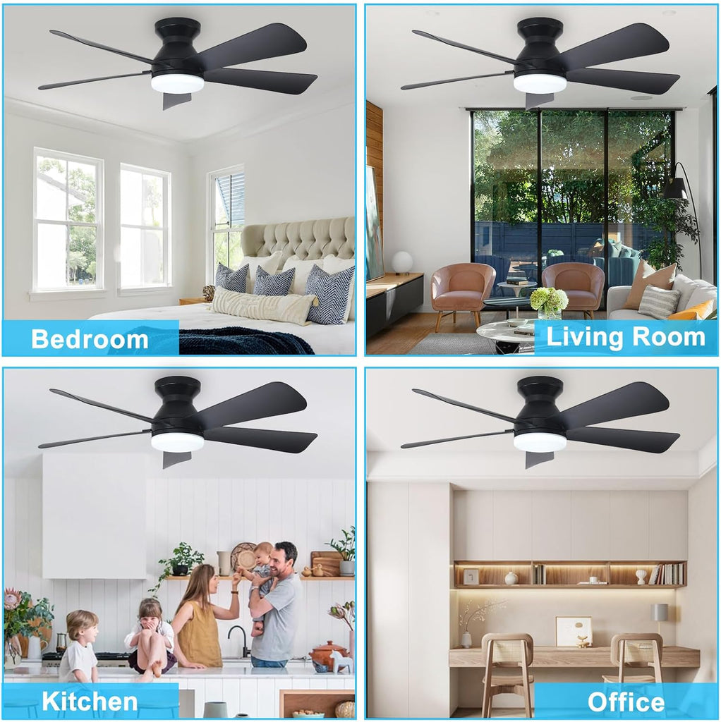 Modern Ceiling Fan with Light: 42-Inch Black Small Fans - Dimmable Low Profile Ceiling Fans with Remote Control Flush
