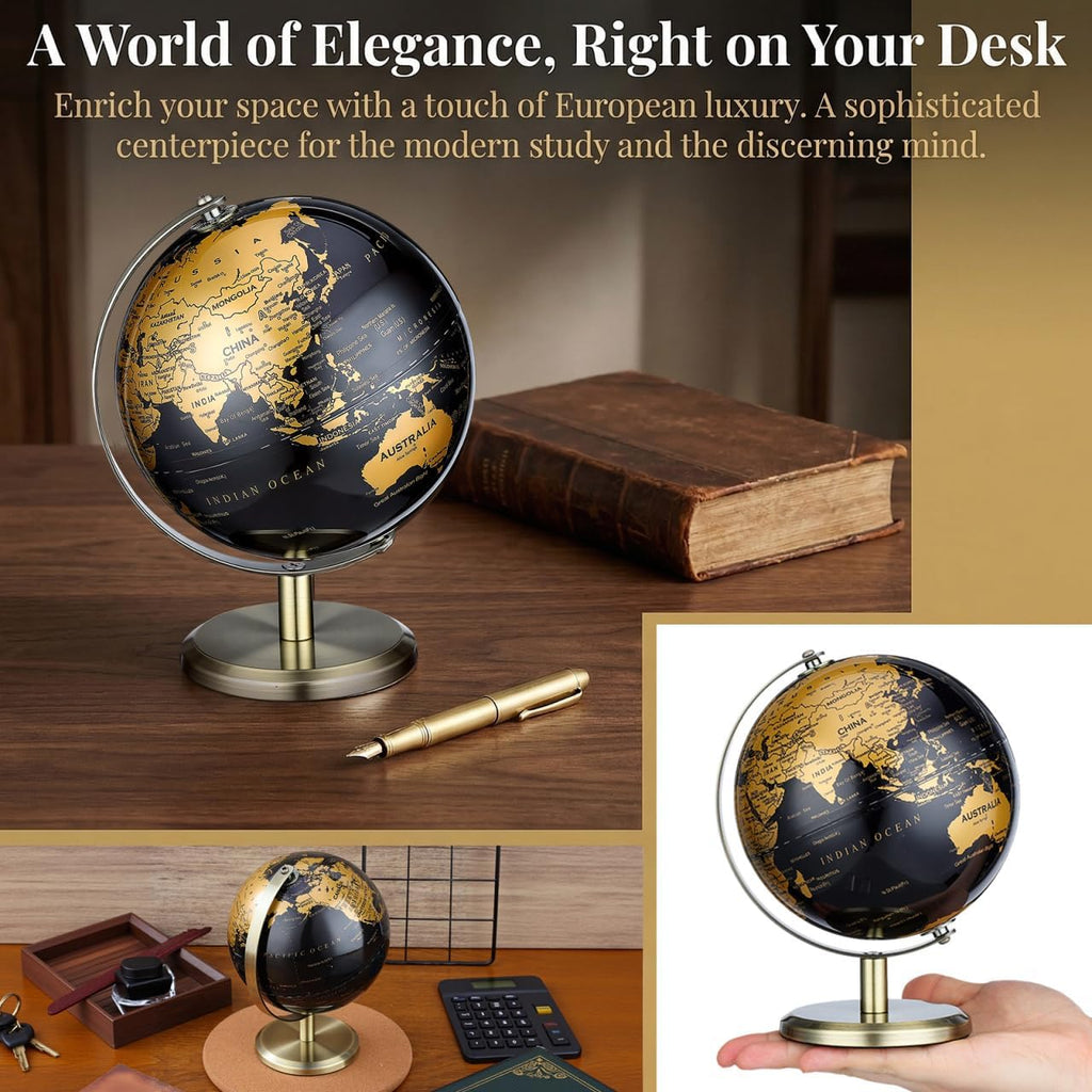 6 Inch Small World Globe, Black Gold Desktop Globe with Antique Bronze Stand, Vintage Metal Geography Map, Elegant