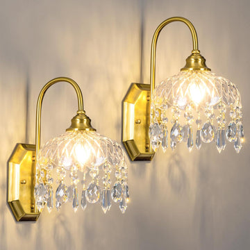 2-Pack Vintage Wall Sconce,Glass Crystal Wall Sconce,Matte Brushed Antique Brass Finish Set of Two for Bedroom