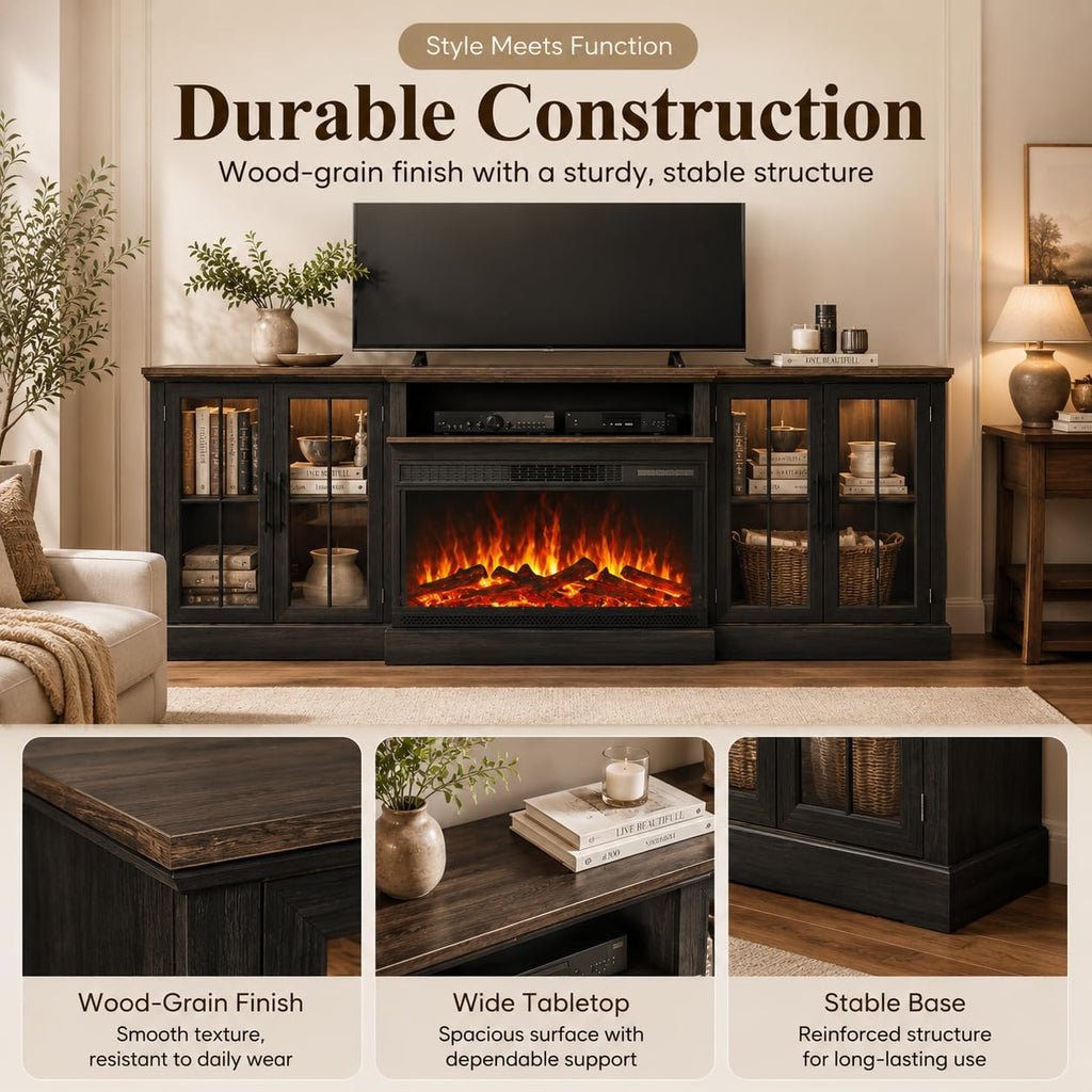 Black 98" Farmhouse TV Stand with 36" Fireplace for Living Room,Media Entertainment Center with Adjustable Shelves