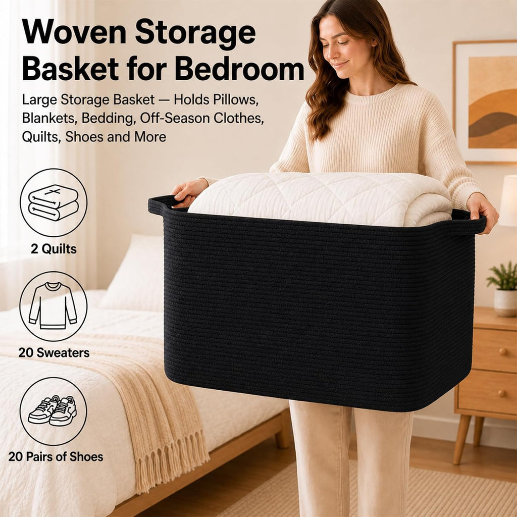118L Extra Large Blanket Basket Living Room, 24.8"x17.7"x16.2" | Woven Rope Baskets for Storage, Nursery Blanket