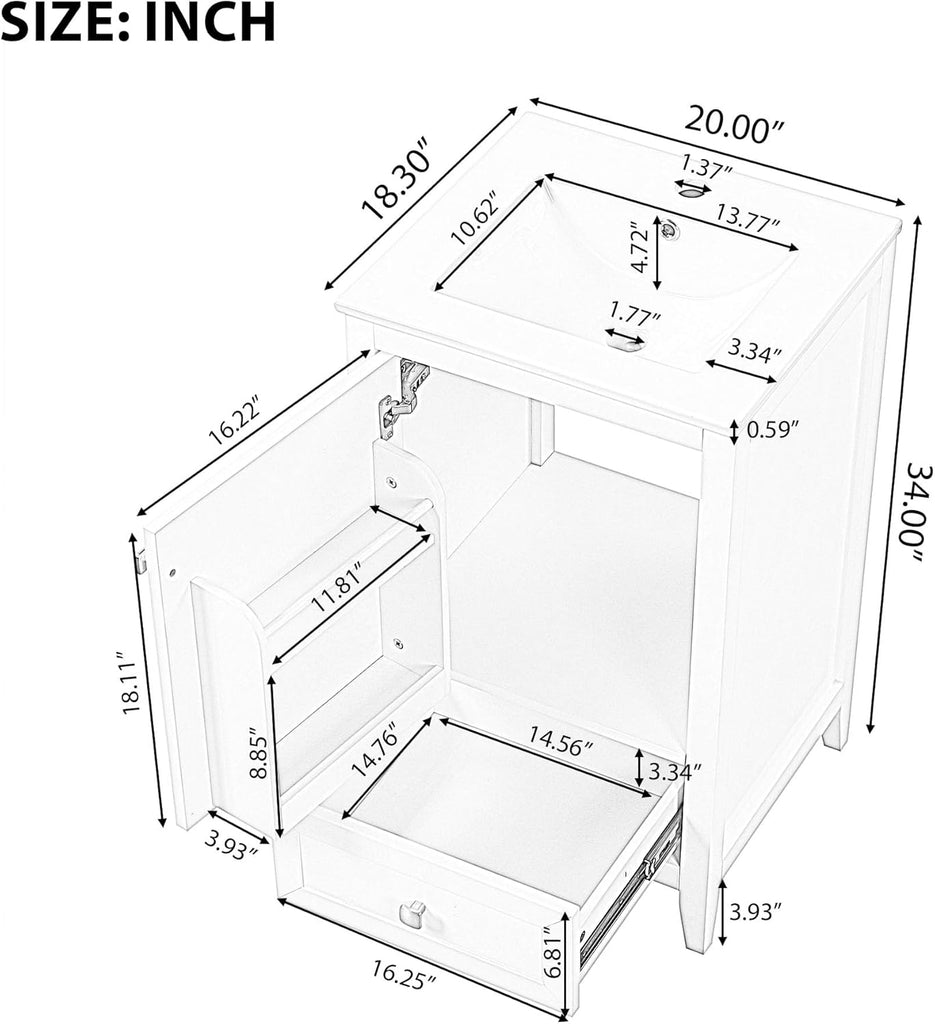20-inch Solid Wood Bathroom Vanity with Sink, Free Standing Cabinet, Soft Closing Door, Storage Rack