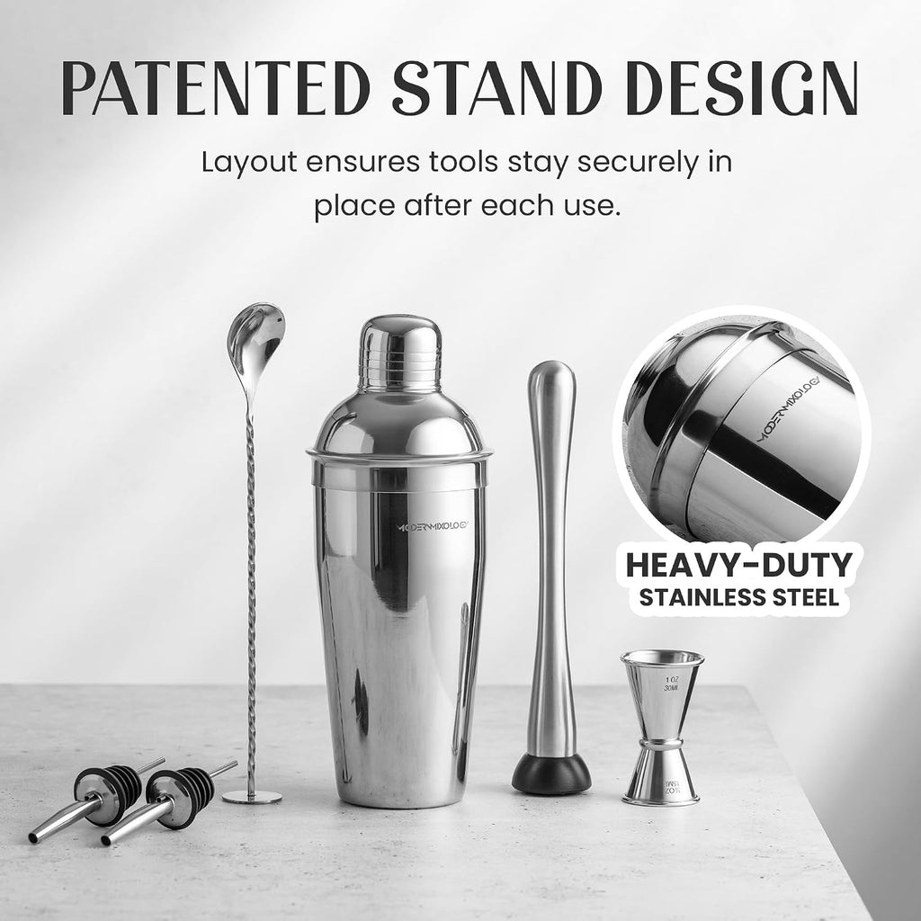 8-Piece Cocktail Shaker Set with Velvet Bag | Complete Kit for Bartenders | Includes Shaker with Strainer, Jigger - Set of 8