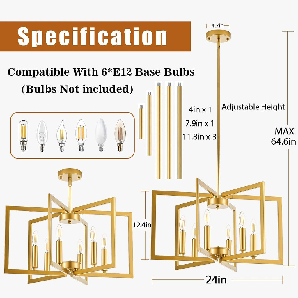 Modern Gold Chandelier 6 Light Height Adjustable Geometric Metal Farmhouse Hanging Light Fixture for Dining Room Over