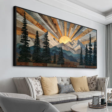 Boho Mountain Framed Wall Art Sunrise Pine Tree Forest Nature Scenery Painting Pictures Farmhouse Wall Decor Rustic