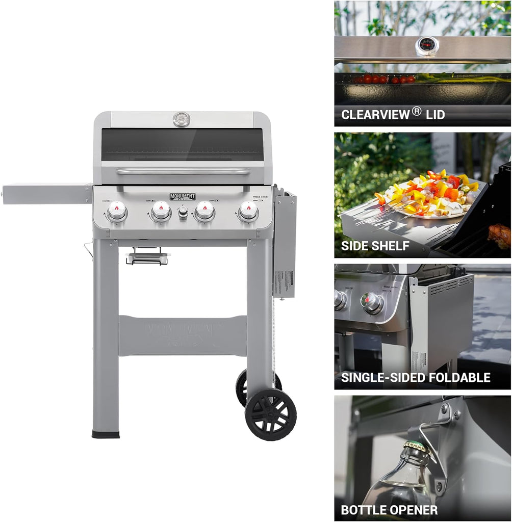 4-Burner Propane Gas Grill, Stainless Steel Outdoor BBQ Grill with Clearview Lid and Foldable Side Shelf for Patio and Garden