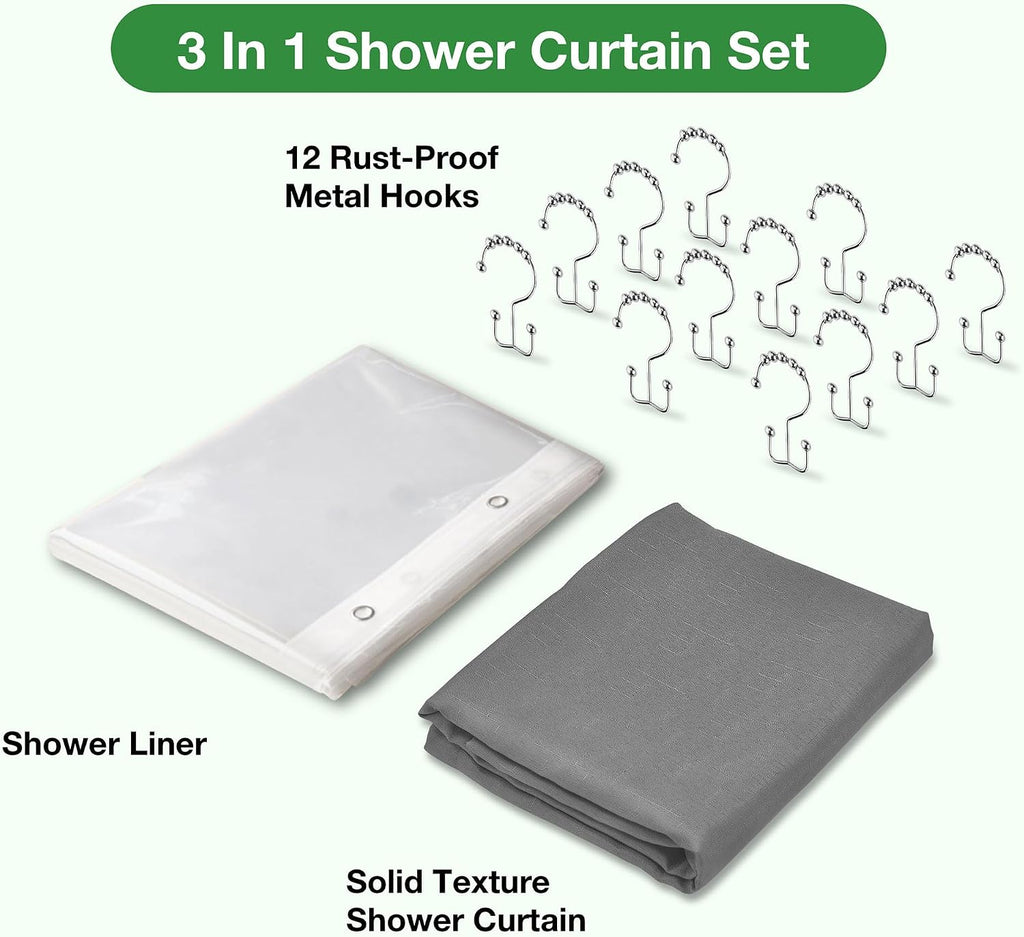 Grey Shower Curtain and Liner, 3 in 1 Shower Curtain Set with 12 Double Sided Shower Curtain Hooks, Cloth Shower