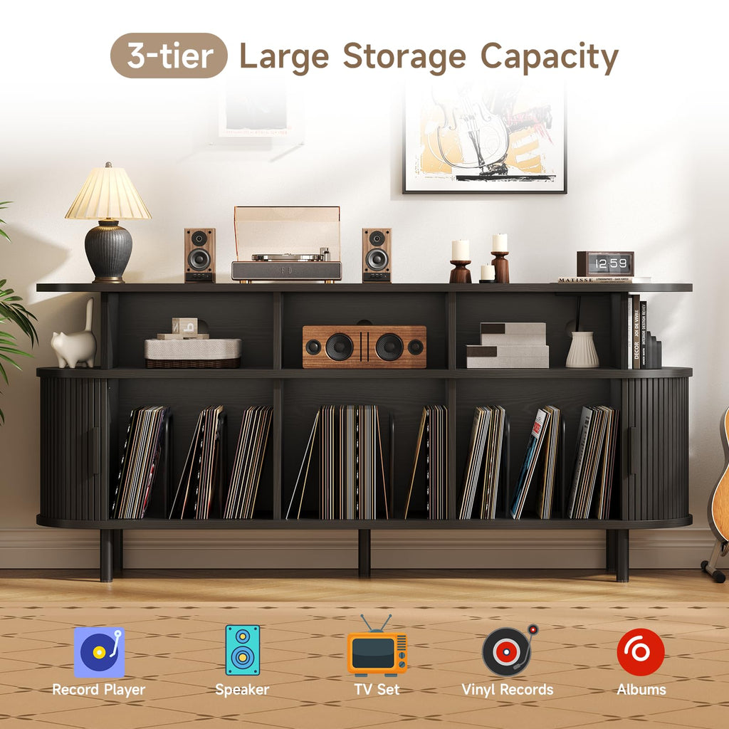 69" Large Round Record Player Stand with Charging Station, Black