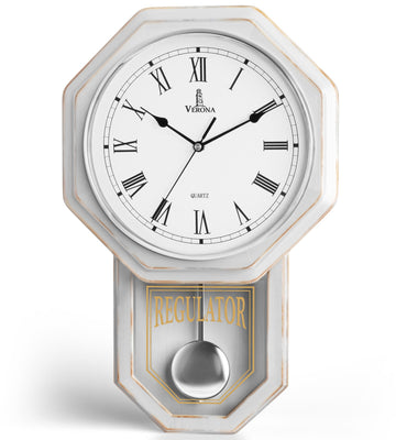 Pendulum Wall Clock, Real Wood Regulator Clock, White, Quiet Non-Chiming