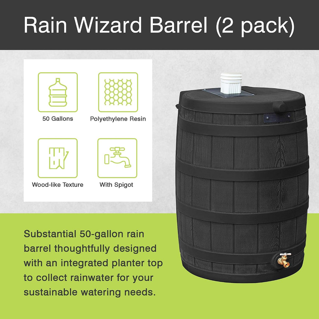 Rain Wizard Water Collection Barrel, 50 Gallon, Black - Set of 2
