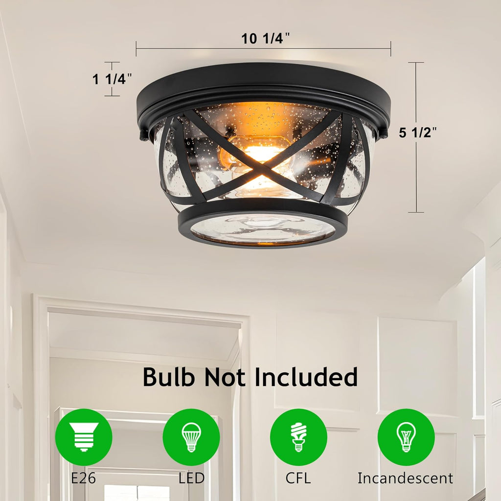 Flush Mount Ceiling Light Fixture Black, 2-Light Modern Farmhouse Porch Light Ceiling Mount for Outdoor