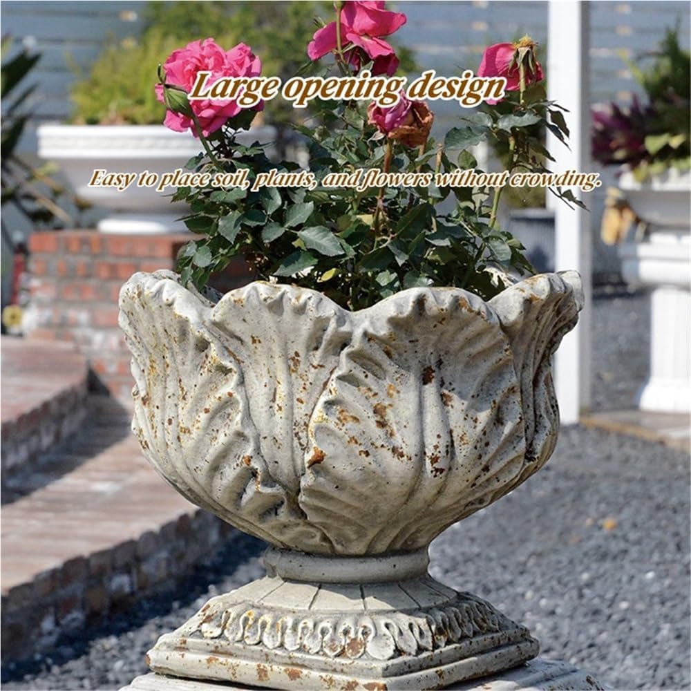 Outdoor Magnesium Oxide Urn Planter, Retro Distressed Flower Pots | Pedestal Planter with Embossed Design