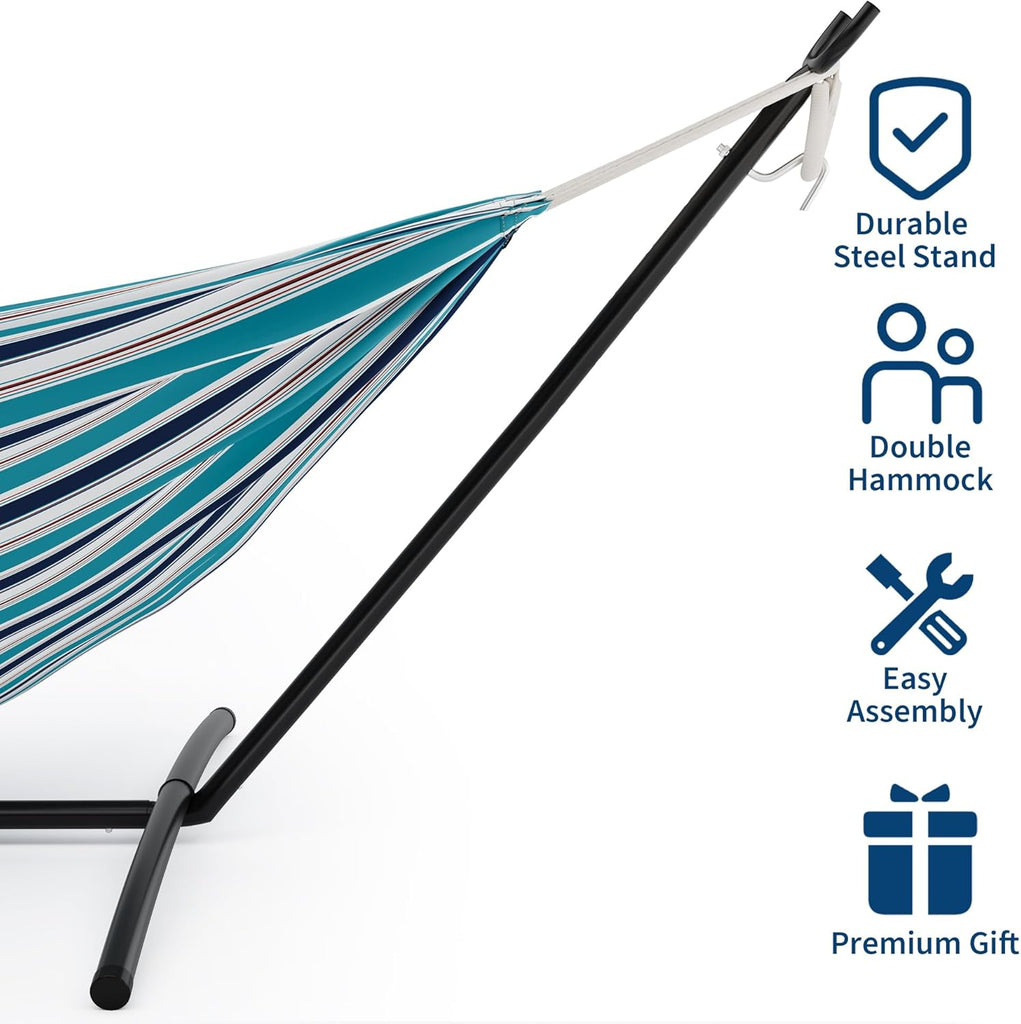 2 Person Double Hammock with Stand Foldable, 450Lbs Capacity, Double Hammocks Portable with Carrying Bag, Thick Rope