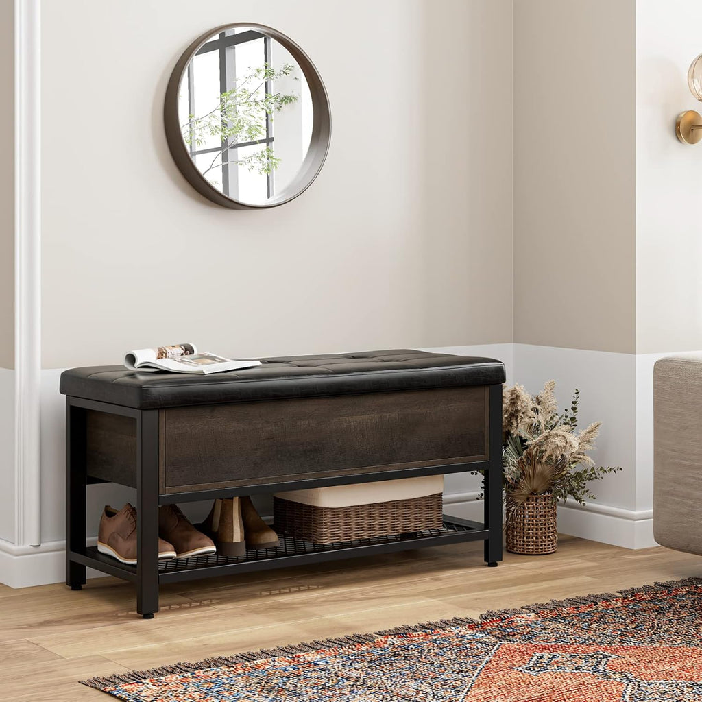 40" W Storage Bench, Entryway Shoe Bench with Cushion, Dark Brown | Wood Metal Bench with Flip-Open Hidden Storage