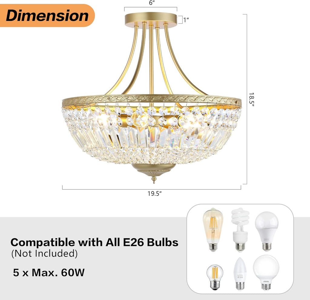 19.5 Inch Crystal Ceiling Light Fixture, 5-Light Raindrop Semi Flush Mount Chandelier, Modern Round Close to Ceiling