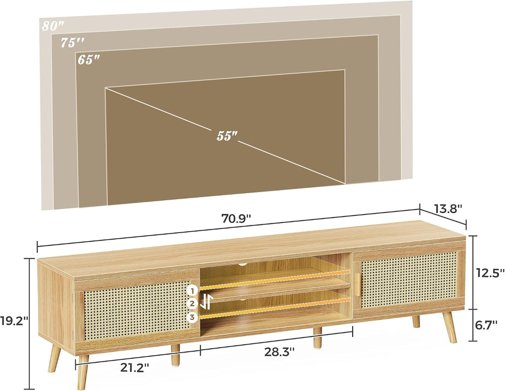 70.9 Inch Boho TV Stand for 75 Inch TV, Entertainment Center with Adjustable Shelf, Rattan TV Console with 2