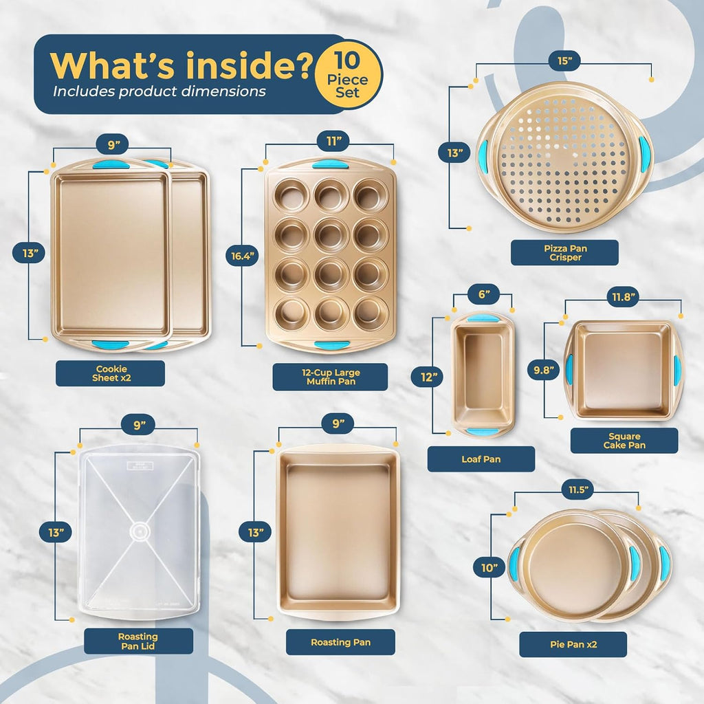 Kit: Nonstick Gold Steel Oven Set - 10 Pieces, Cookie Sheets, Cake Pans, 9x13Pan with Lid, Loaf & Deep Pans, Pizza