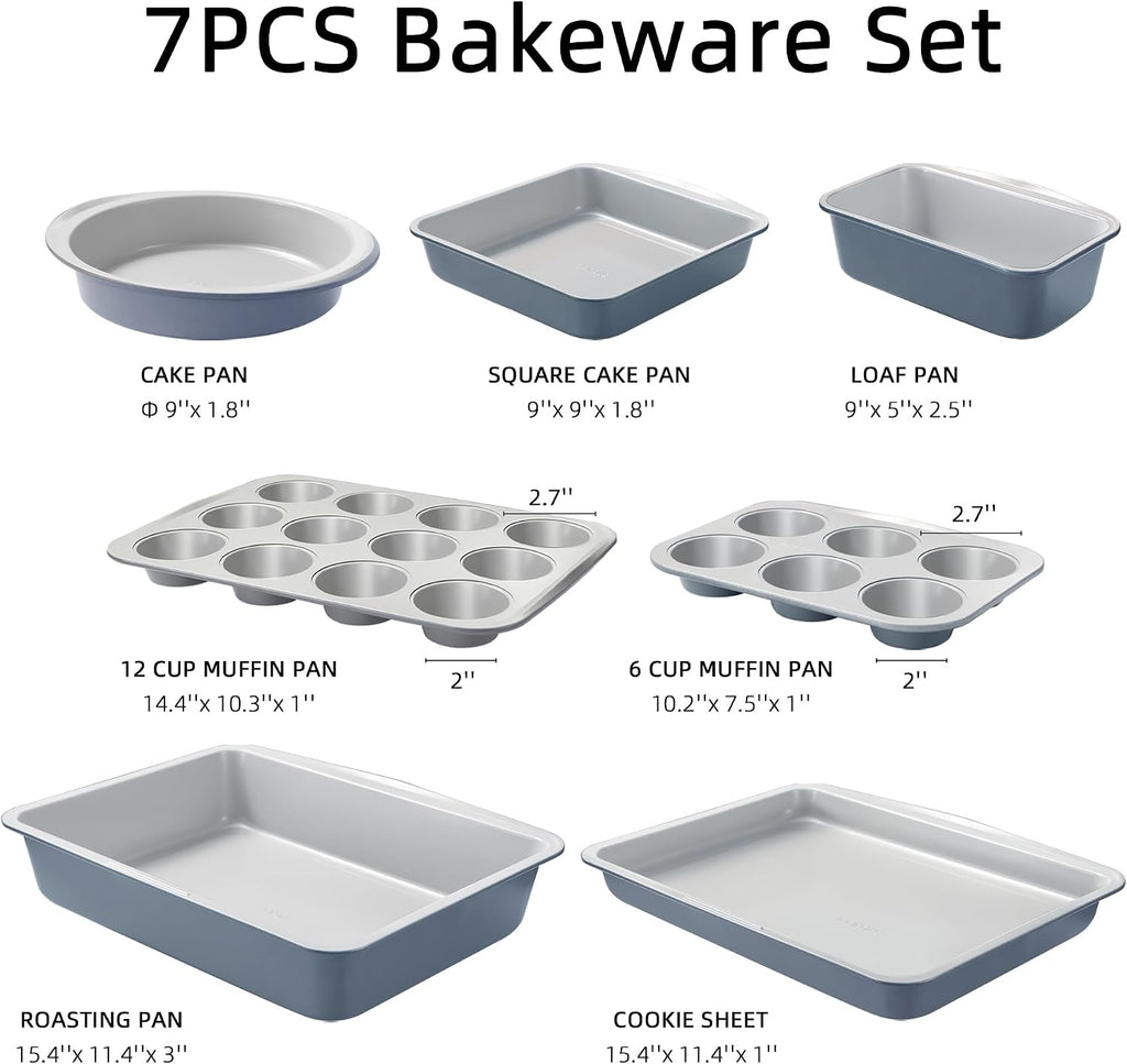 7-Piece Pans Set, Nonstick Bakeware Sets, Gray & Blue | Cookie Sheets, Muffin, Bread, Cake, Loaf, Roasting Pan
