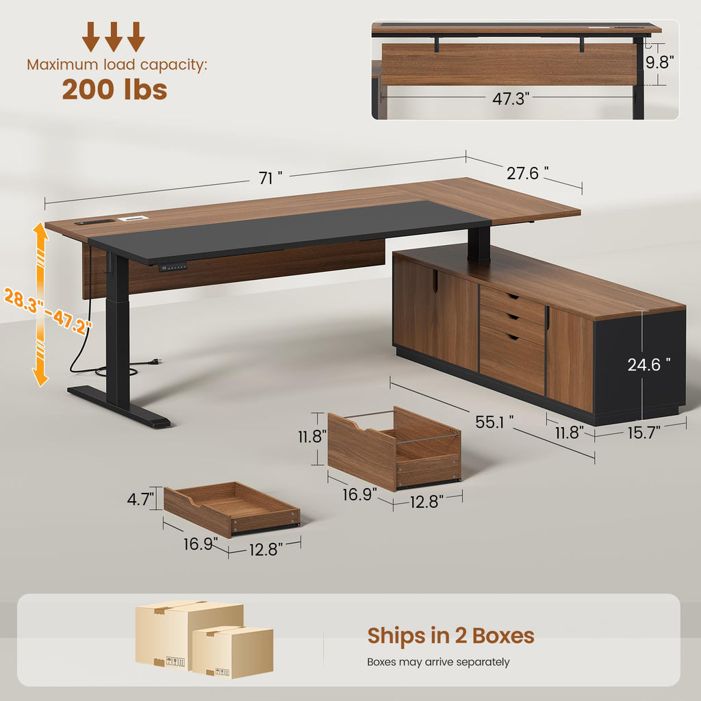 71" Executive L Shaped Electric Standing Desk, Brown