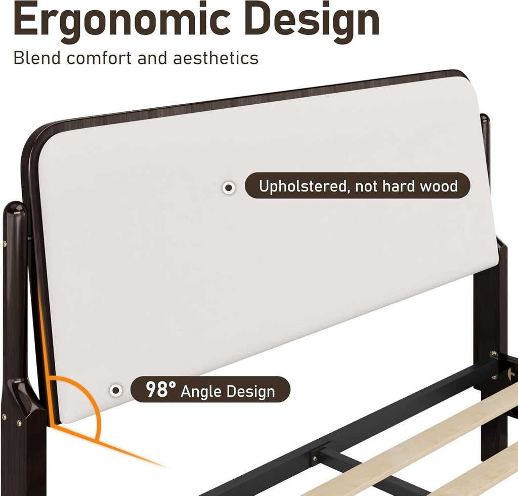 Queen Bed Frame with Upholstered Headboard, Solid Wood Bed Frame Queen with Ergonomic Design Headboard, Wood Slats