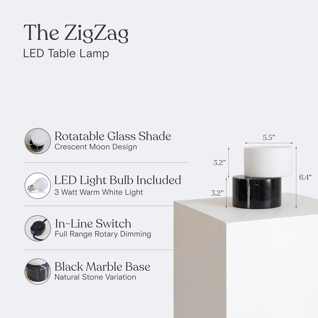 Zigzag Desk Lamp - Small Dimmable LED Black Marble Table Lamp, Rotatable Frosted Glass Shade