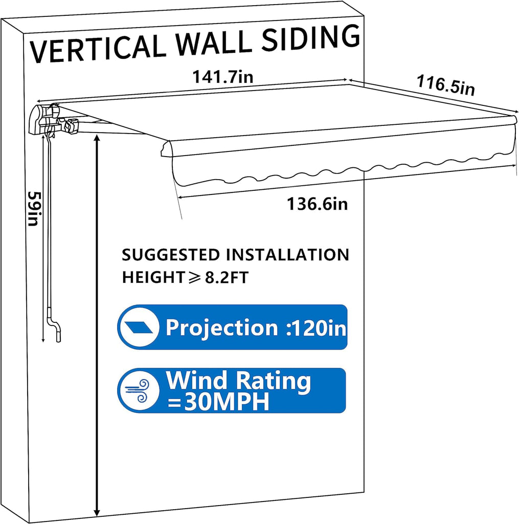 12' x 10' Awnings , Retractable Awning with Adjustable Canopy, Aluminum Frame, Manual Patio Awning Sun Shade Shelter