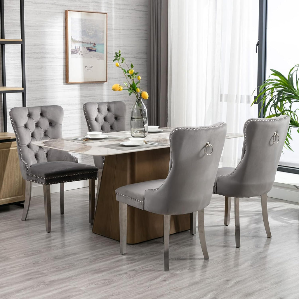 Gray Velvet Dining Chairs Set of 4, Tufted Kitchen & Dining Room Chairs | Four Fabric Dinning Chairs, Velvet