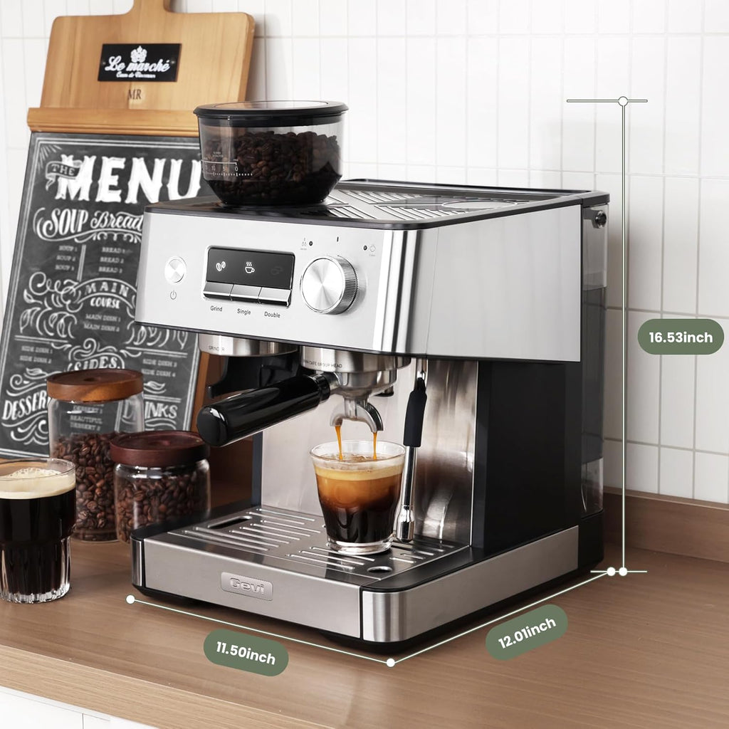 20 Bar Espresso Machine with Grinder & Steam Wand for Latte Cappuccino | Removable Water Tank, Powerful Milk Frother