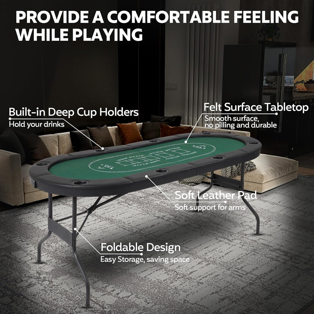 72" Portable Poker Table, Folding Poker Table, 8 Player Texas Holdem Blackjack Table with 8 Cup Holders, Padded