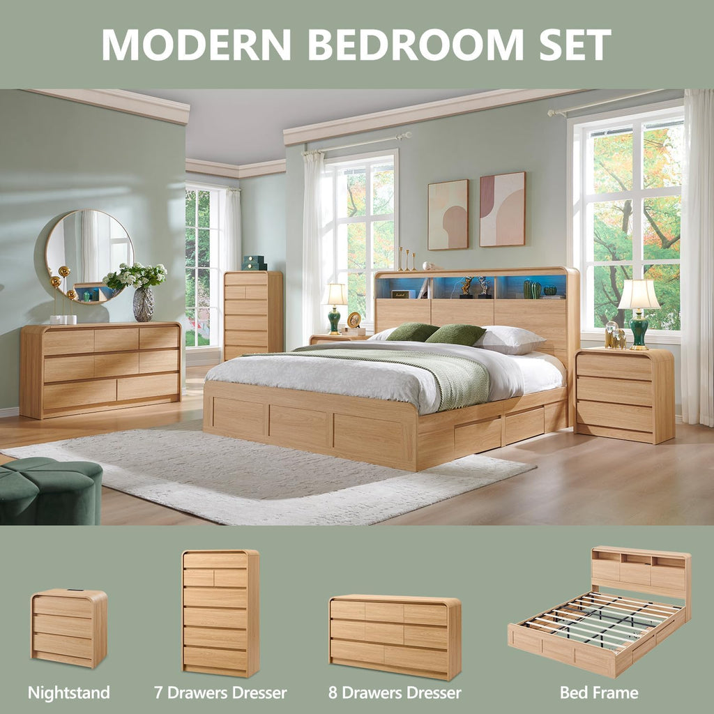 Modern 7 Drawers Dresser , 55" Tall Dressers & Chest of Drawers w/Curved Profile Design, Wood Mid Century Vertical