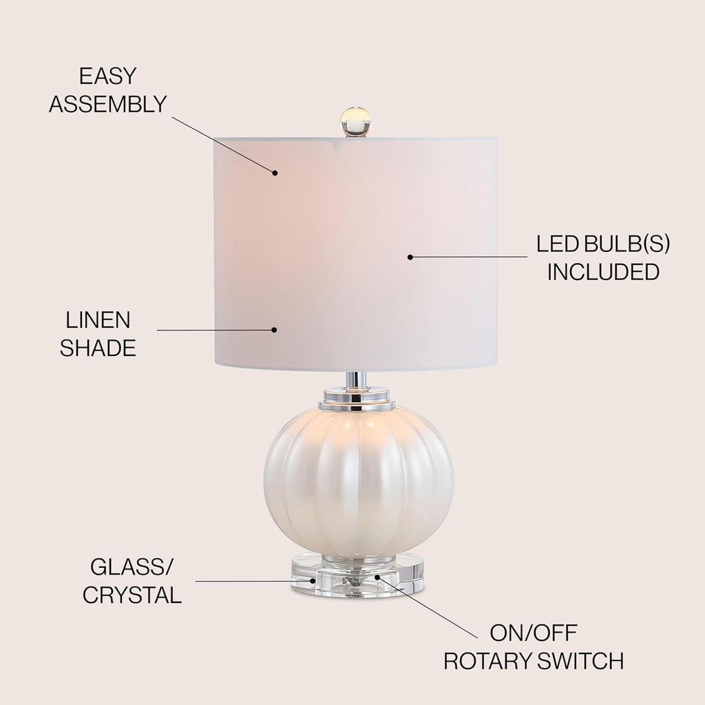 17.5" White/Chrome Glass Table Lamp, Modern Crystal Bedside Lamp Living Room Nightstand, Glam Ribbed Accent Lamp