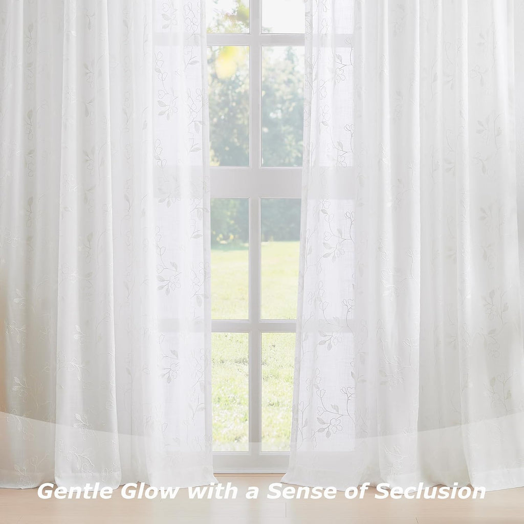 White Embroidered Floral Pinch Pleated Sheer Curtains Leaf Patterned Rustic Light Filtering Window Panels for Living