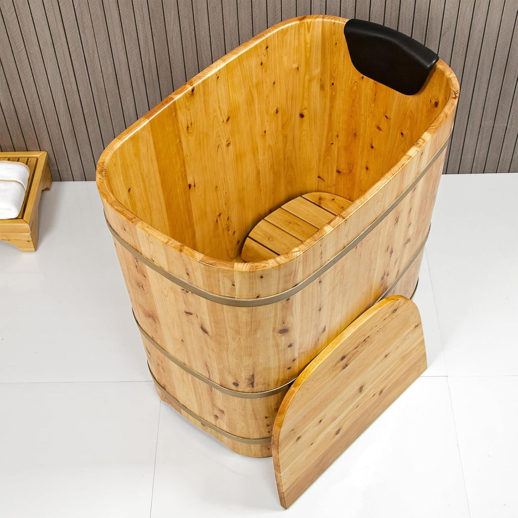 With Lid Japanese Soaking Tub Handcrafted Cedar Freestanding Wooden Bathtub Deep Soaking Tub Small Bathroom Tub Space
