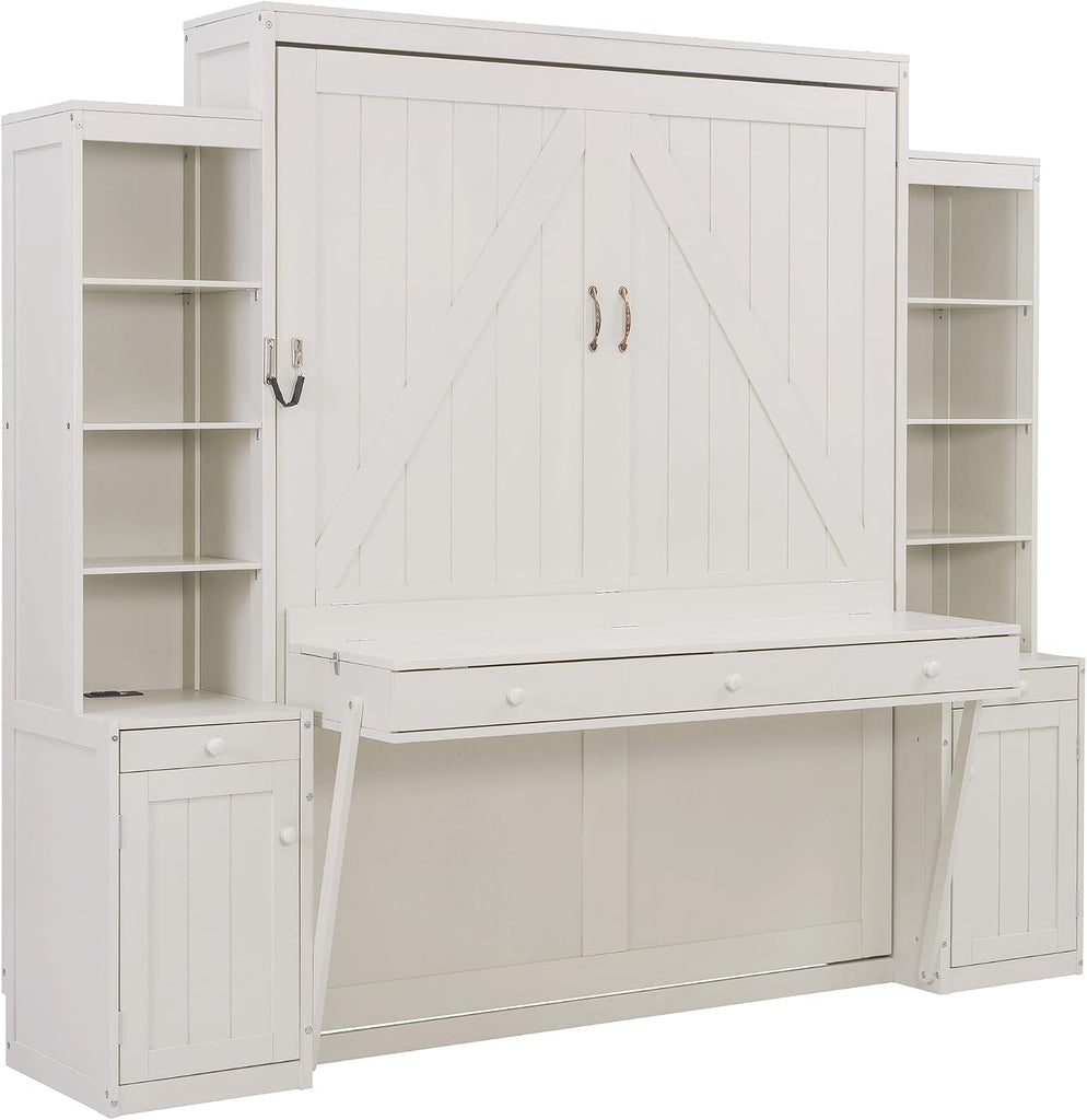 Queen Murphy Bed with Desk and Lights, Power Outlet, Foldable Murphy Cabinet Bed with Open Storage Shelves & Drawers