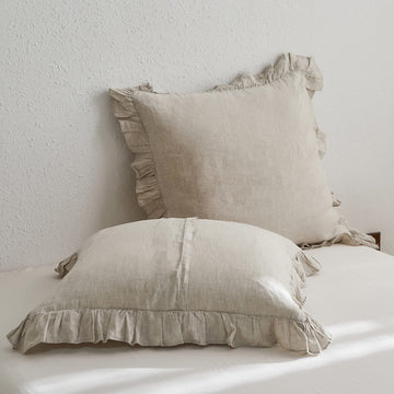 100% French Linen Euro Shams with Ruffles - Set of 2 - Washed Solid Color Natural Flax Soft Breathable Pillow Covers