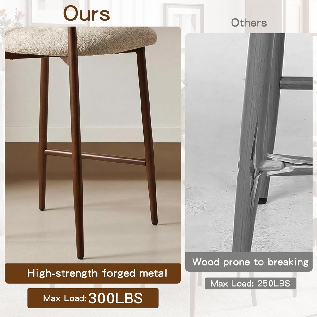 26'' Counter Height Bar Stools Set of 2, Mid Century Modern Chenille Barstools with Curved Back and Walnut Wood Grain