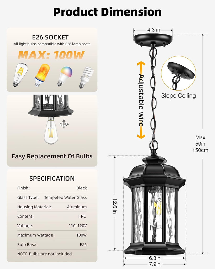 Outdoor Pendant Lights for Porch Lantern, Black Exterior Hanging Lights Fixtures with Adjustable Chain