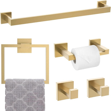 5-Piece Towel Bar Set Brushed Gold Bathroom Hardware Accessories Set Includes Upgraded Double Base Toilet Paper