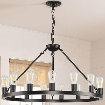 32 inch Black Wagon Wheel Chandelier 15-Light Farmhouse Round Wheel Chandeliers Hanging Light Fixture Outdoor Wagon