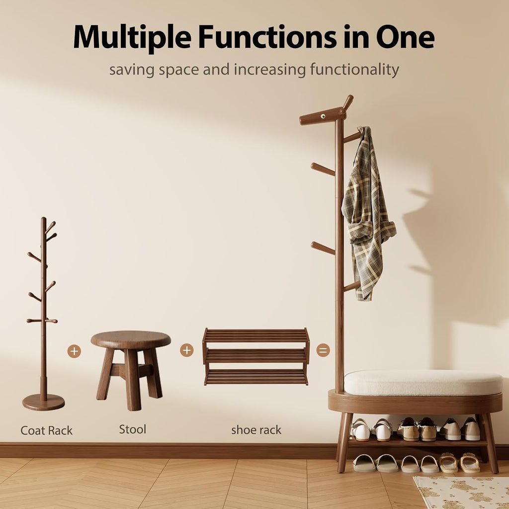 Shoe Rack with Coat Rack, Wooden Shoe Bench with Upholstered Cushion, 3-in-1, 2-Tier Shoe Storage and Cute Animal