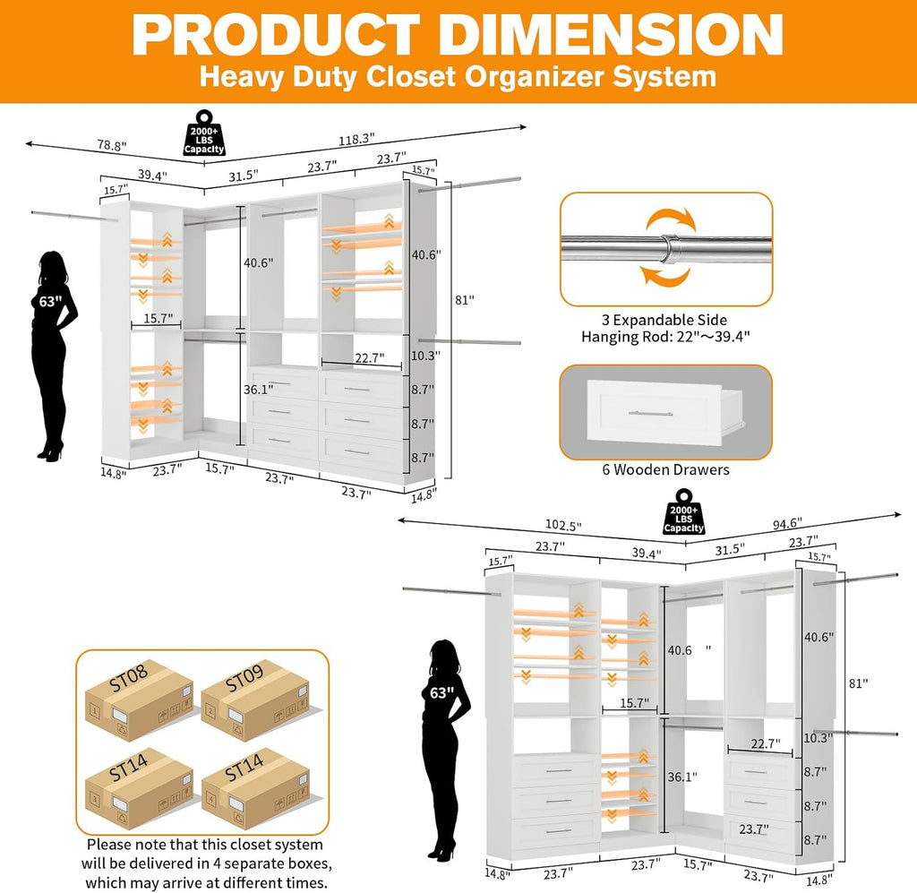 Closet System with 3 Sets, 6.5-16FT Corner Closet Organizer System with 6 Drawers & 11 Shelves & 6 Hanging Rods