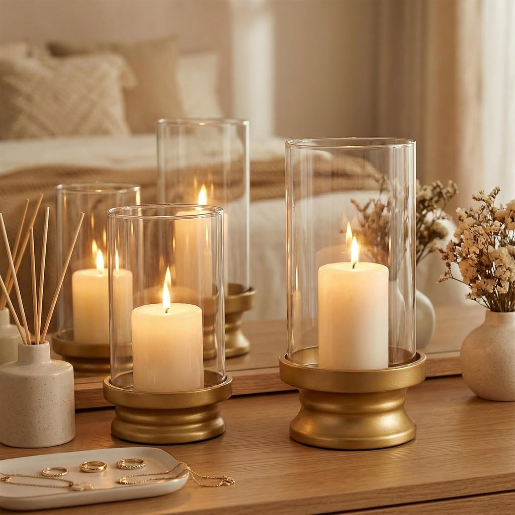 Gold Hurricane Candle Holders Set of 2 with Glass - Modern Pillar Candle Stands for Fireplace Mantel, Dining Table