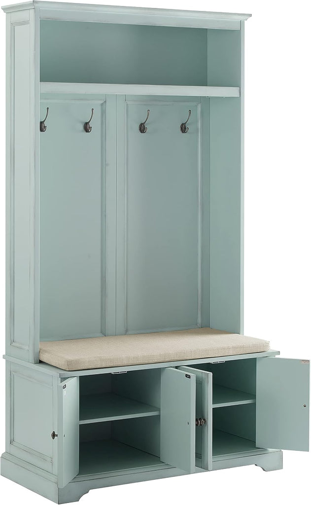 Holbrook Hall Tree with Shoe Rack Bench and Coat Hooks for Hanging Storage, Distressed Seafoam Blue
