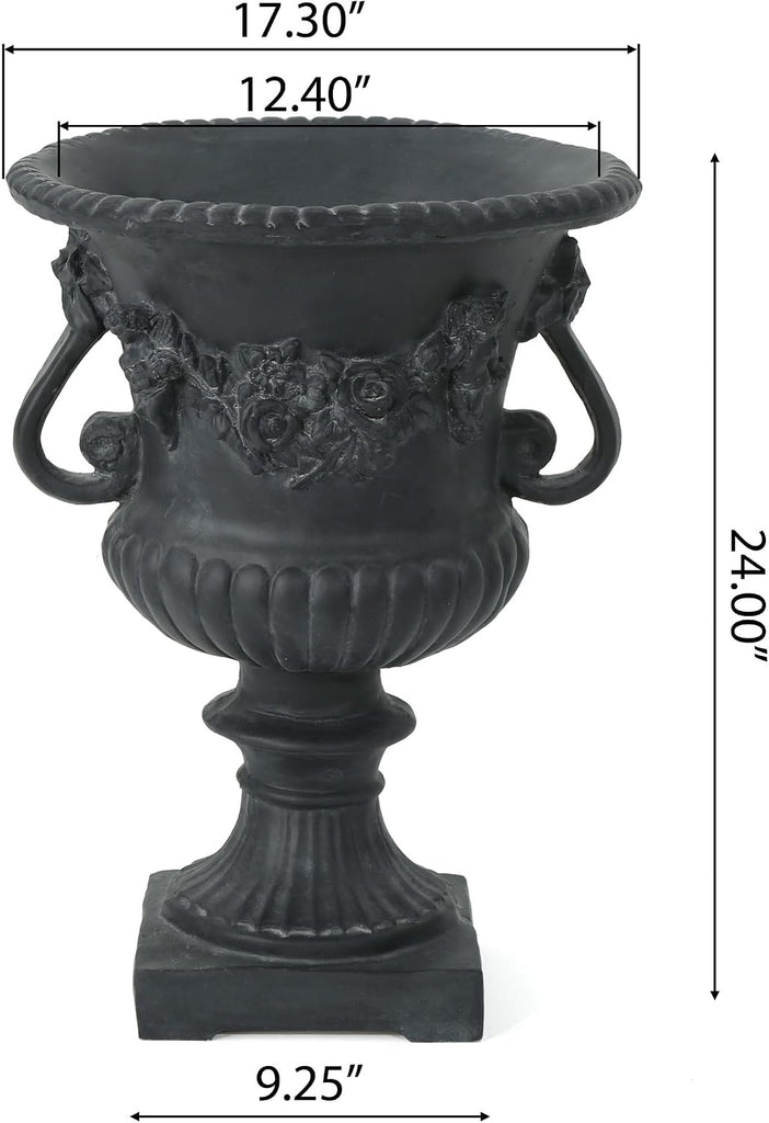 Antique Black Outdoor Urn Planter, Magnesium Oxide Large Urn Planter Outdoor with Drainage Hole, Elegant Vintage Style