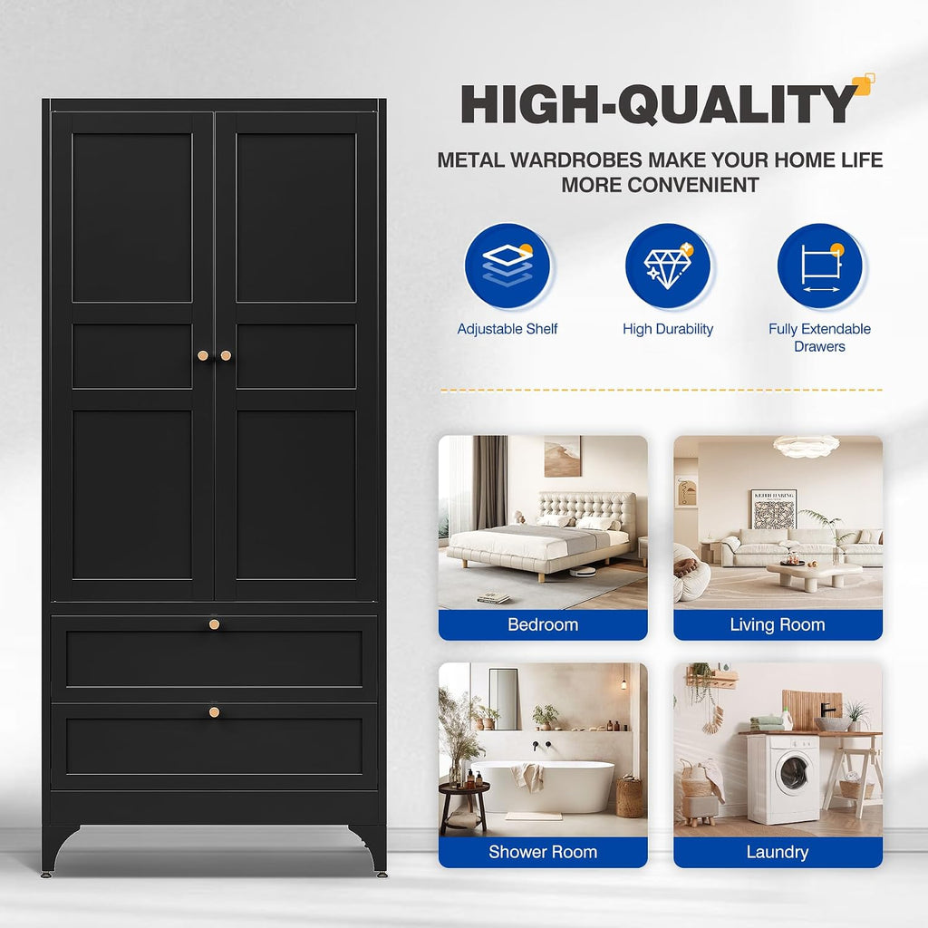 71" Tall Metal Wardrobe Closet with 2 Drawers, Steel Armoire Cabinet with Hanging Rod and Adjustable Shelves