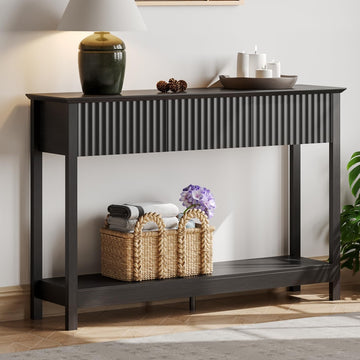47" Fluted Console Table with 3 Drawers, Narrow Long Entryway Table with Storage and Shelf, 2-Tier Sofa Table Behind