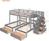 L Shaped Bunk Bed Full Over Twin Over Twin for 3, Triple Bunk Beds Frame with Storage Drawers and Staircase