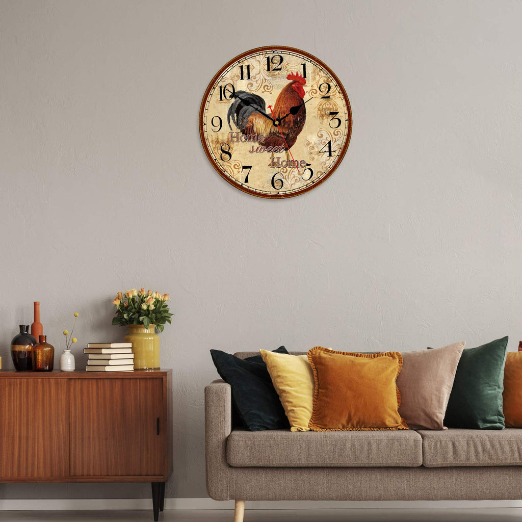 14 Inch Rustic Rooster Wall Clock Retro Silent Non Ticking Easy to Read Clock, Battery Operated Decorative Wall
